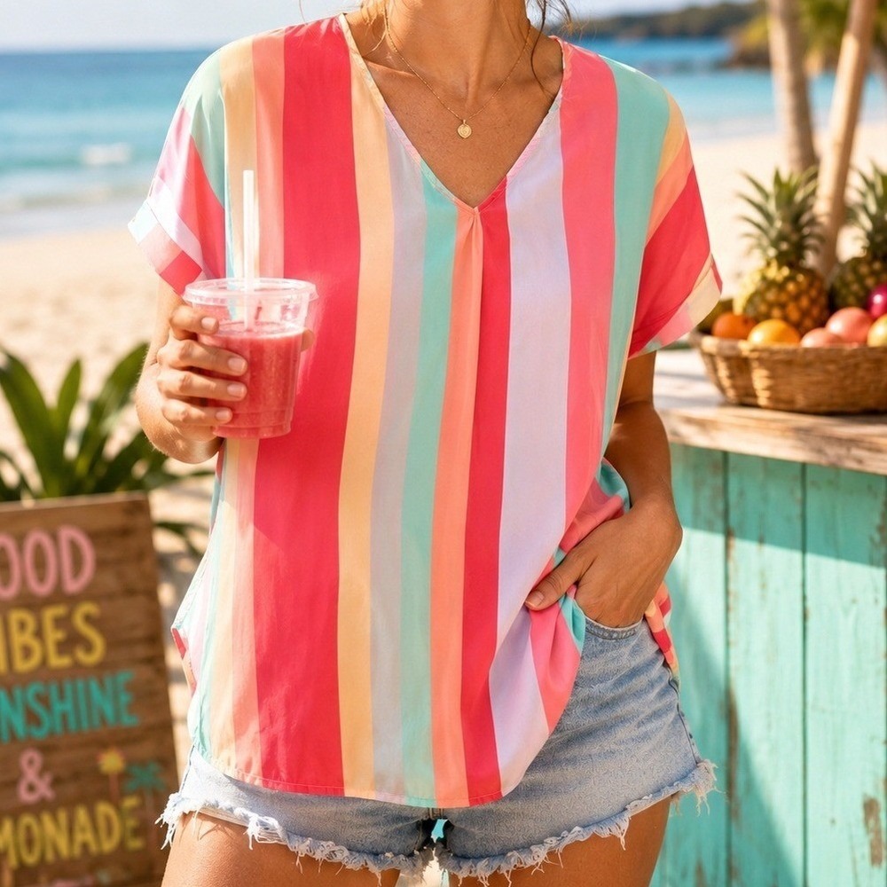 BiBi Women Large Pink Mint Striped V-Neck Chiffon High-Low‎ Blouse Short Sleeve